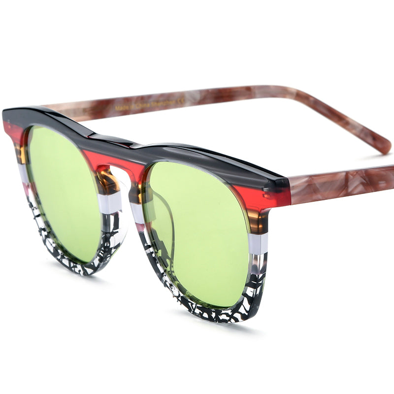 Vintage Multicolour Round Acetate Polarized Mirrored Sunglasses - Black Transparent Green Lens - MCROONS
