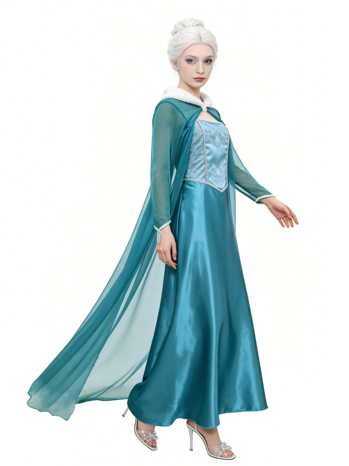 Blue ball gown Halloween costume by MCROONS featuring a flowing fantasy design, perfect for an Ice Queen or fairy costume look.