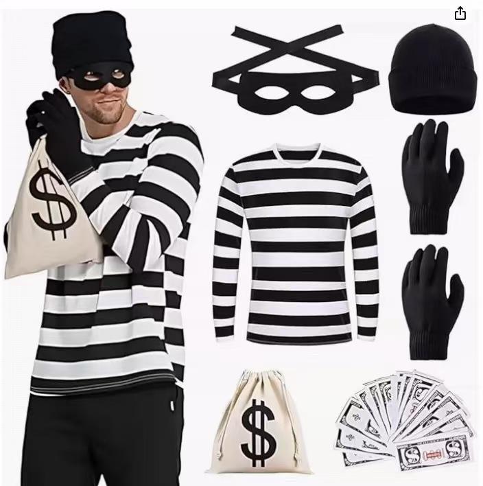 Adult prisoner thief costume set by MCROONS featuring a striped prison jumpsuit and accessory details for themed dress-up.