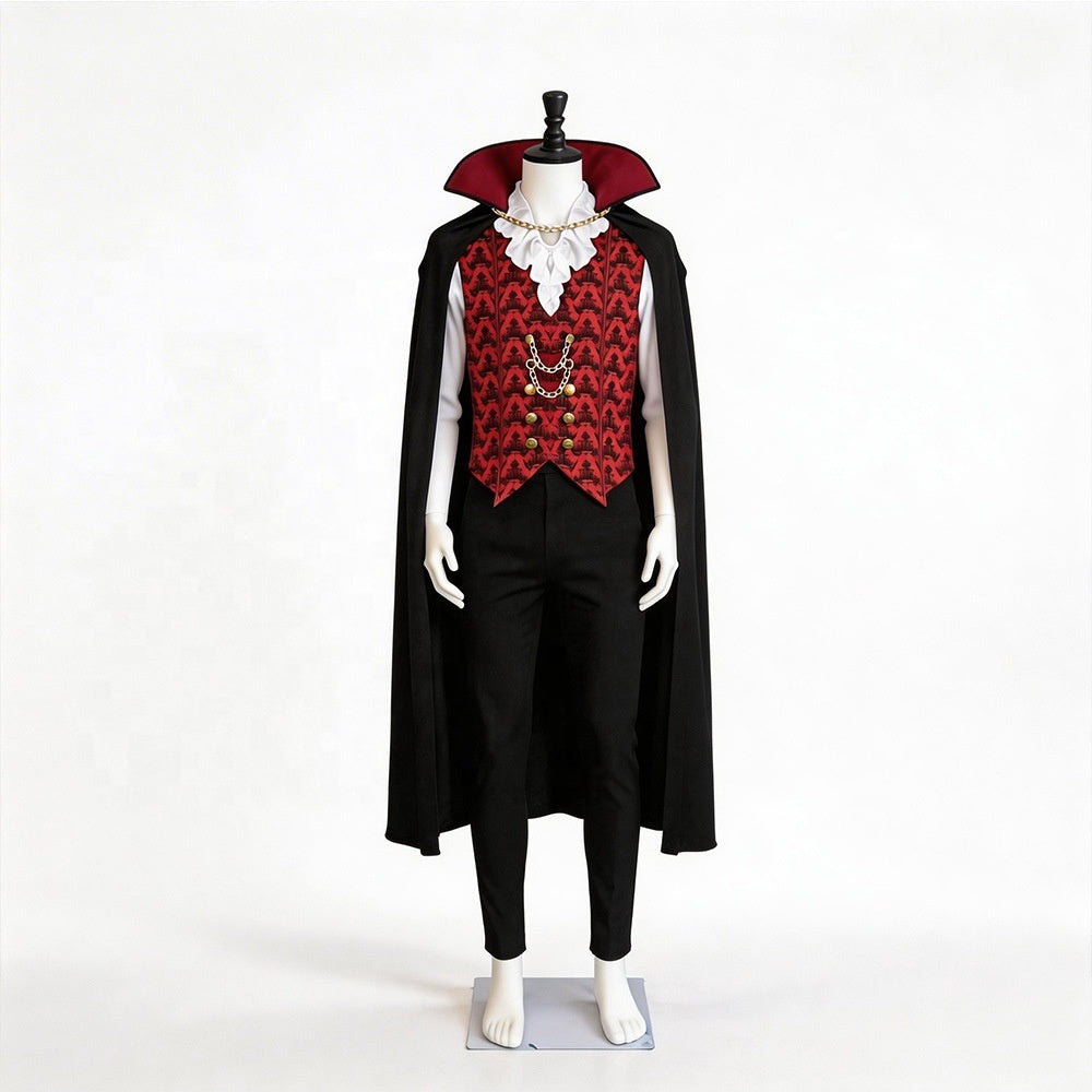 Count Dracula Gothic vampire Halloween costume by MCROONS featuring a black cape, red vest, and vampire fangs.