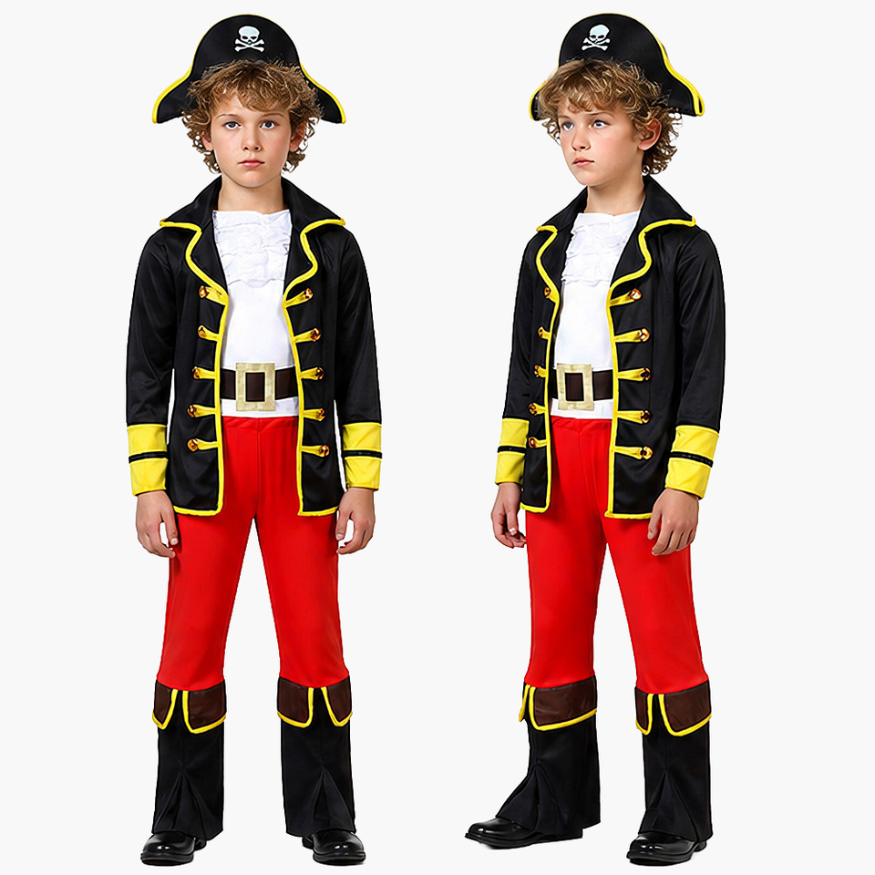 Boy wearing Mcroons Caribbean pirate costume with tricorn hat and boot covers, perfect for kids' Halloween cosplay.
