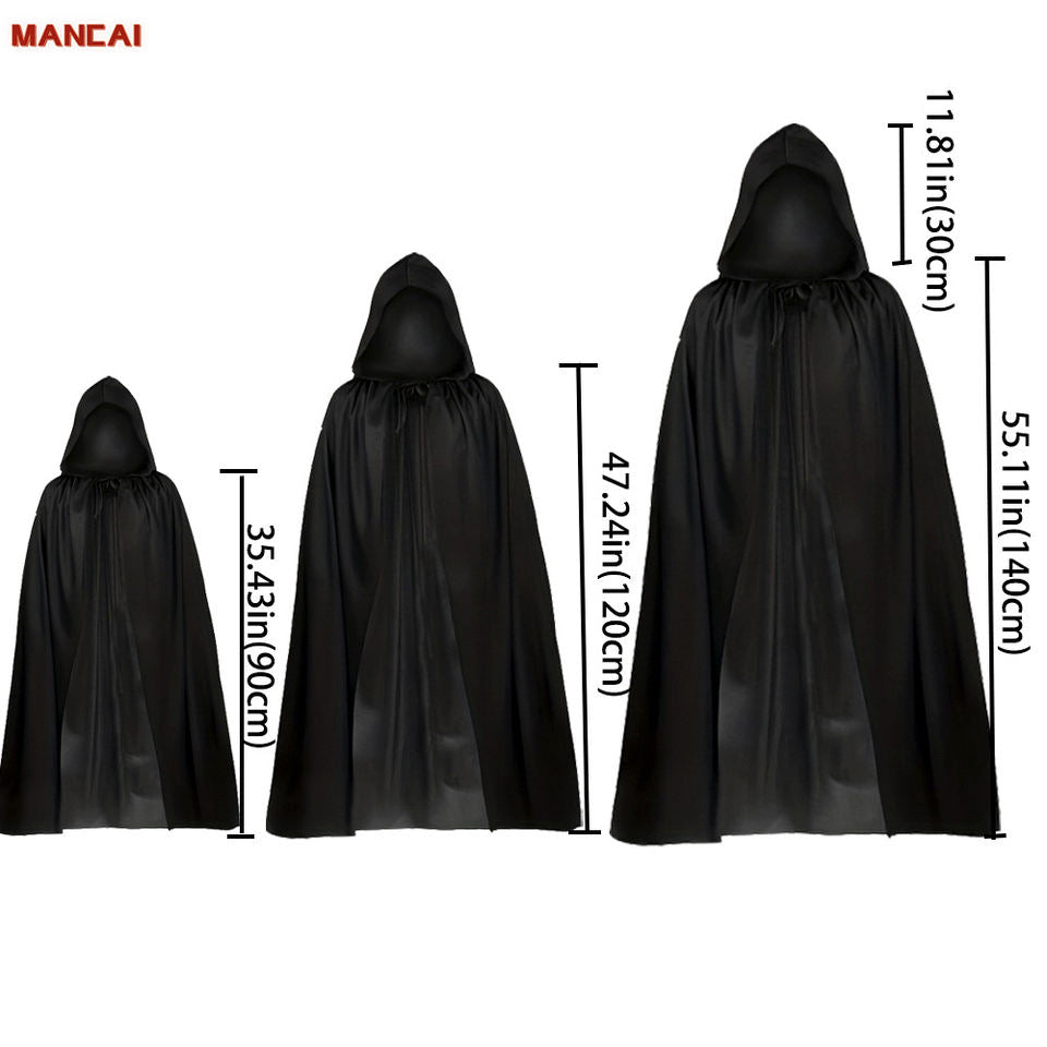 Unisex hooded death cloak costume by MCROONS featuring a long black hooded robe with dramatic cape and hood for a spooky look.