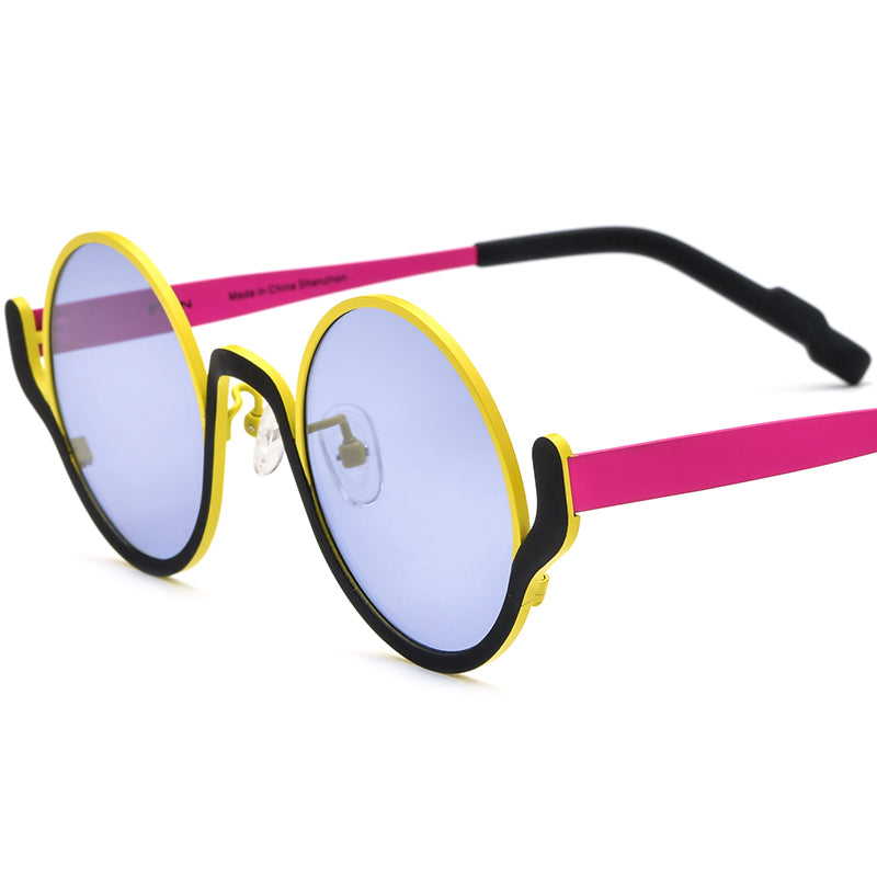 Colourful Titanium Round Polarised Sunglasses - Yellow Black Frame Purple Lens - MCROONS