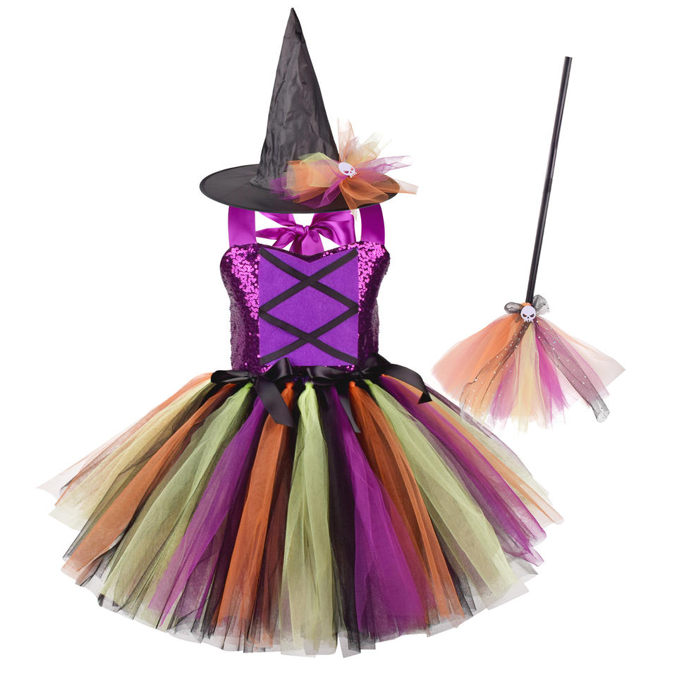 Girls Sparkle Witch costume set by MCROONS featuring a glittery black dress with a matching pointed hat and festive witch accessories.