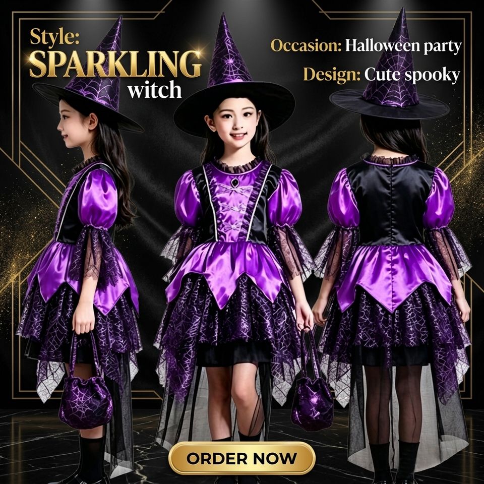 Purple witch costume by MCROONS featuring a dress and accessories, styled with a pointed hat and matching belt.