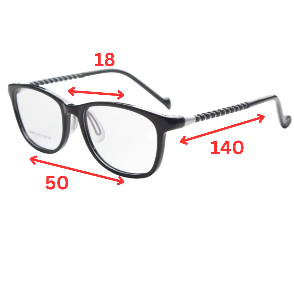 MCROONS Kids Black Geometric Glasses, Red Tip Nylon Frames, Boys and Girls, Pink, Black, Clear, Light Blue and Cyan