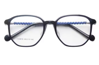 MCROONS Kids' Clear Geometric Glasses for Boys and Girls — Gold Striped Temple Acetate Frames in Pink, Black, Clear, Light Blue and Navy