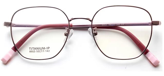 Kids' MCROONS rose gold geometric eyeglasses with modern frames for boys and girls, available in silver, pink, and black.
