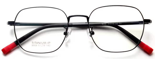 Kids' rectangle eyeglasses by MCROONS with stainless steel frames in black, silver, rose gold, and pink for boys and girls.