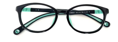 MCROONS kids oval silicone eyeglasses with flexible black, blue, teal, pink, and lavender frames for boys and girls.