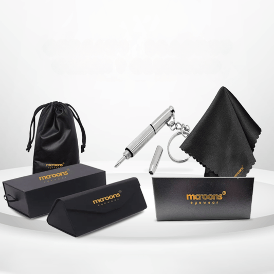 Glasses Care Kit: Folding Case, Cleaning Cloth, Pouch, Drawer Box, & Screwdriver - MCROONS.COM