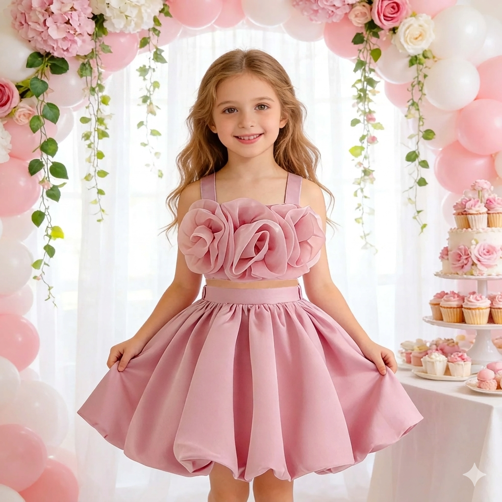 Little Girl's Pink Floral Princess Chiffon Ball Gown Dress with O-Neckline for Birthday Parties