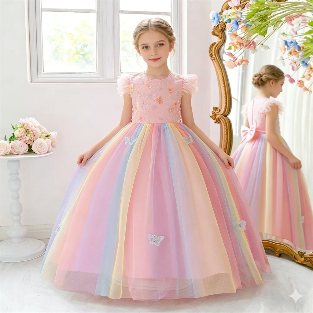 Girl's Formal Satin Ball Gown with O-Neckline and Pattern Detail for Birthday Parties and Pageants