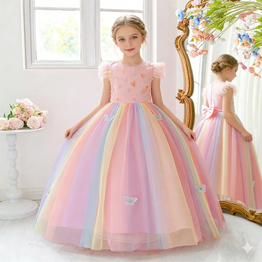 Girl's Formal Satin Ball Gown with O-Neckline and Pattern Detail for Birthday Parties and Pageants