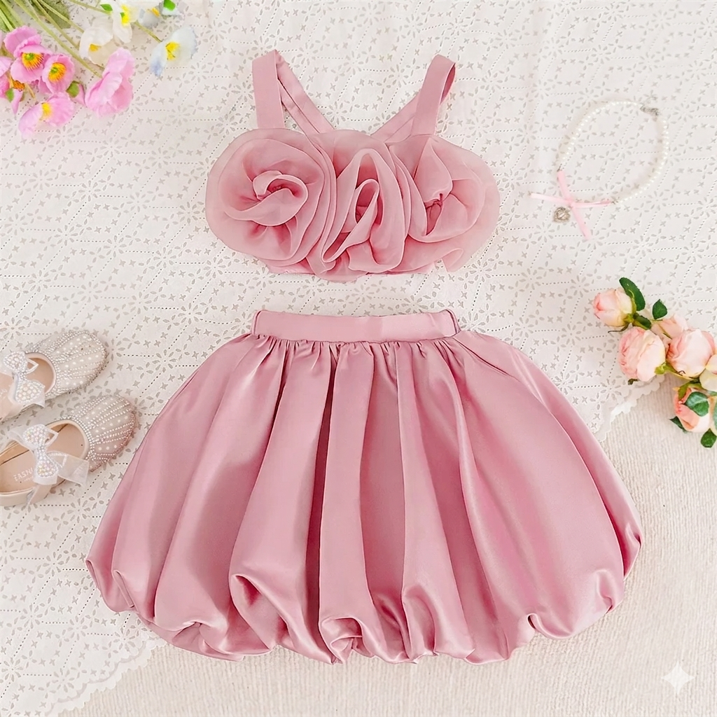Little Girl's Pink Floral Princess Chiffon Ball Gown Dress with O-Neckline for Birthday Parties
