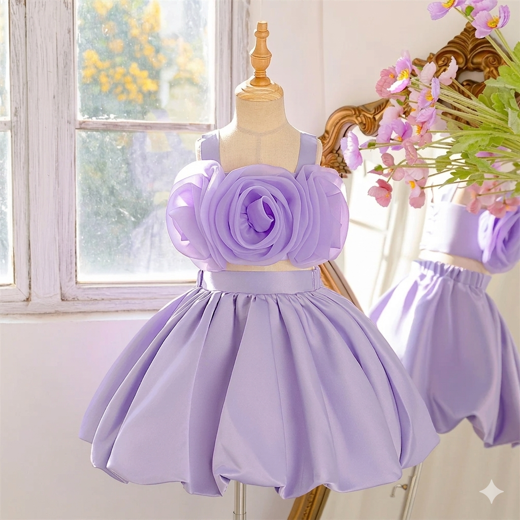 Little Girl's Pink Floral Princess Chiffon Ball Gown Dress with O-Neckline for Birthday Parties