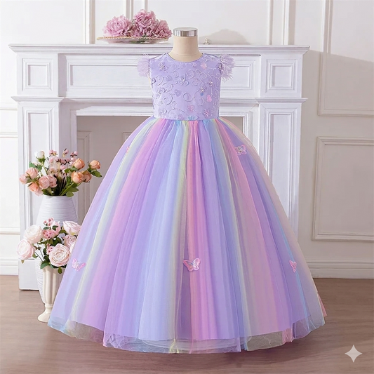 Girl's Formal Satin Ball Gown with O-Neckline and Pattern Detail for Birthday Parties and Pageants