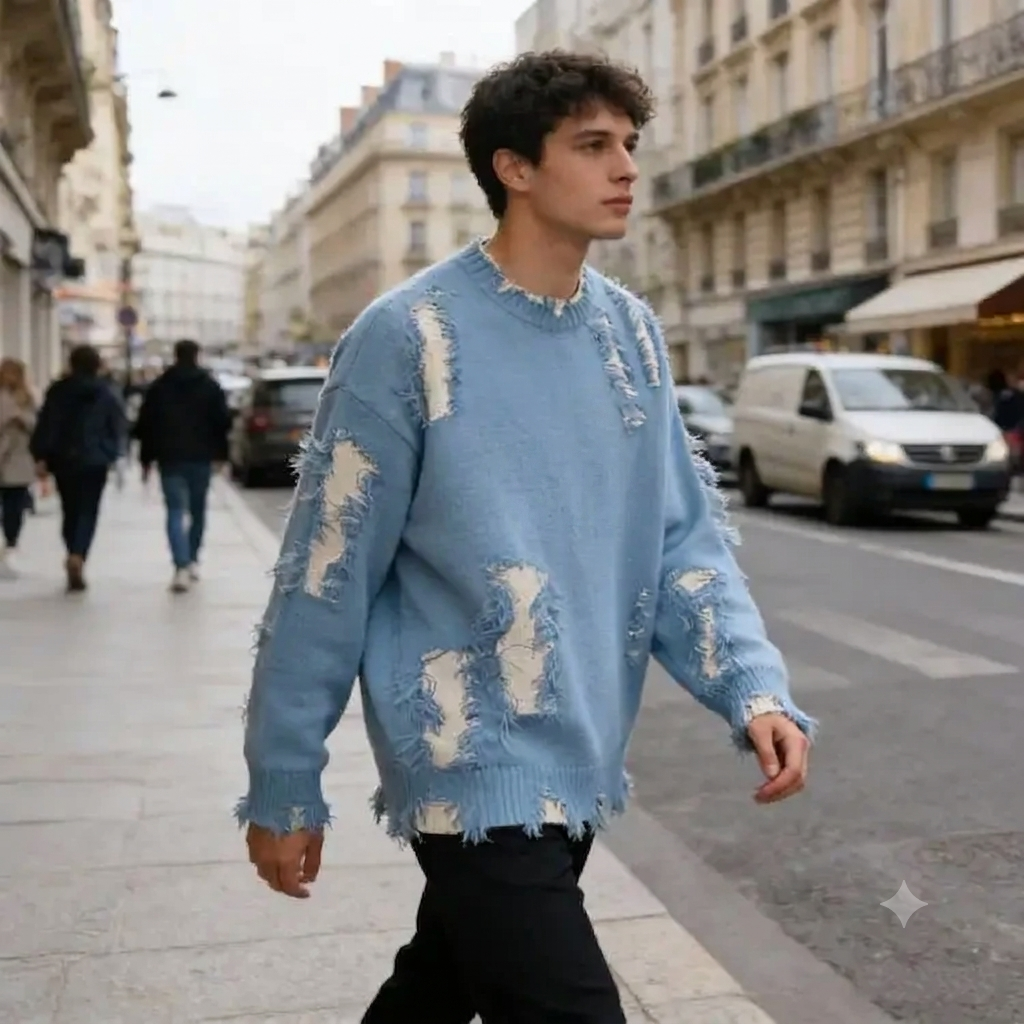 Men's Navy Jacquard Crew Neck Sweater