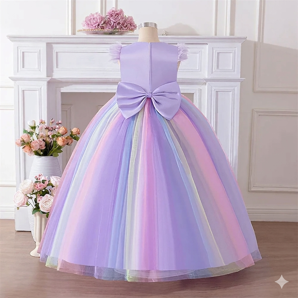 Girl's Formal Satin Ball Gown with O-Neckline and Pattern Detail for Birthday Parties and Pageants
