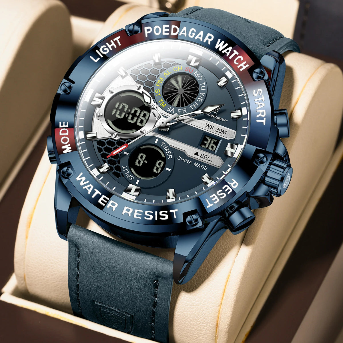 Poedagar E125 Men's Luxury Chronograph Quartz Watch – Genuine Leather Strap, Waterproof, Luminous, Date