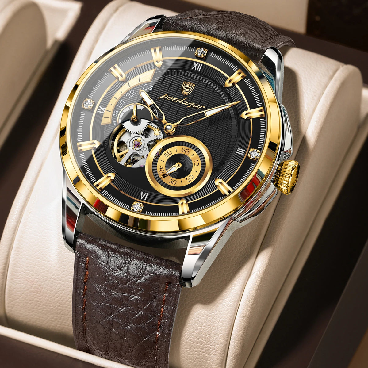 Poedagar 1427 Men's Luxury Automatic Mechanical Watch – Leather Strap, Waterproof, Luminous, Date