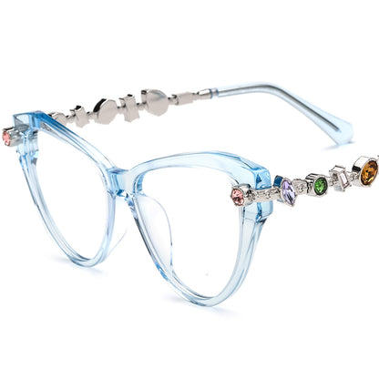 Luxury Cat Eye Acetate Optical Glasses Frame with Gem Trim - Blue - MCROONS
