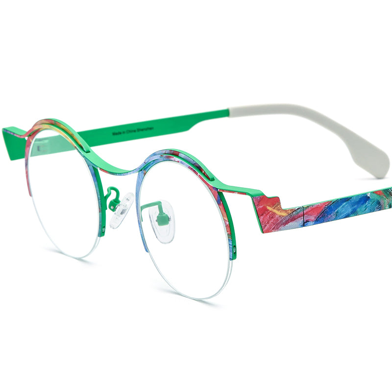 Titanium Semi-Rimless Round Optical Glasses Print - Colorful Green - MCROONS