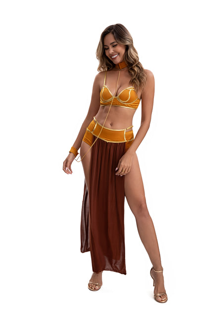 Egyptian ancient queen goddess Halloween costume by MCROONS, featuring gold and black fabric with regal crown and intricate details.