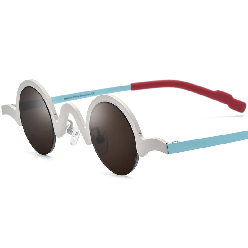 Titanium Semi-Rimless Round Polarised Sunglasses - Silver Frame Brown Lens - MCROONS