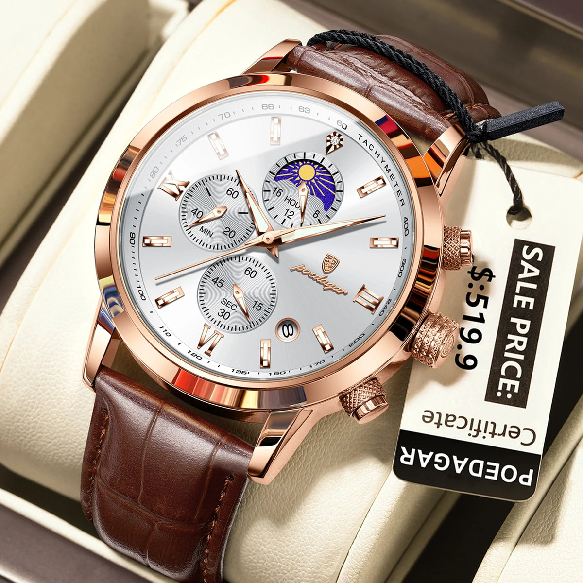 Poedagar 882 Men's Luxury Chronograph Quartz Watch – Leather Strap, Waterproof, Luminous, Date