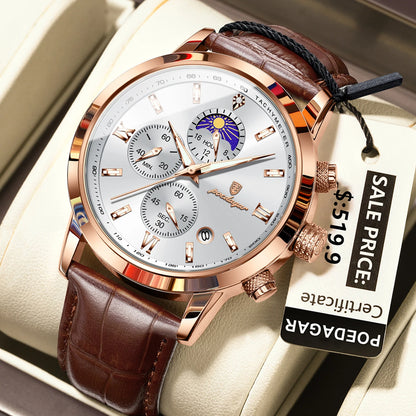 Poedagar 882 Men's Luxury Chronograph Quartz Watch – Leather Strap, Waterproof, Luminous, Date
