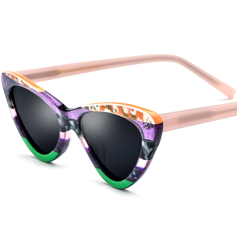 Multicolour Cat Eye Acetate Mirrored Polarized Sunglasses UV400 - Purple Green Grey Lens - MCROONS