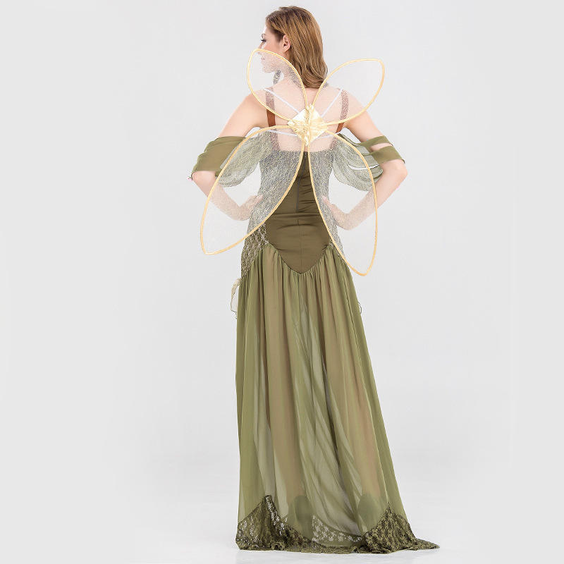 MCROONS Enchanted Forest Fairy Halloween costume for women with flowing green and purple fairy dress and whimsical wings.