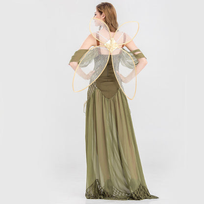 MCROONS Enchanted Forest Fairy Halloween costume for women with flowing green and purple fairy dress and whimsical wings.