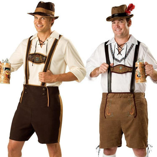 Men's Bavarian Beer Festival costume by MCROONS featuring traditional lederhosen and festive attire for Oktoberfest celebrations.