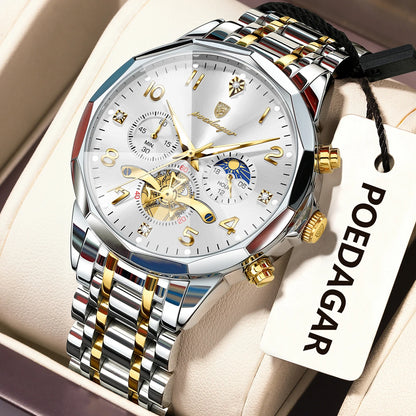 Poedagar 939 Men's Luxury Chronograph Quartz Watch – Stainless Steel Band, Waterproof, Luminous
