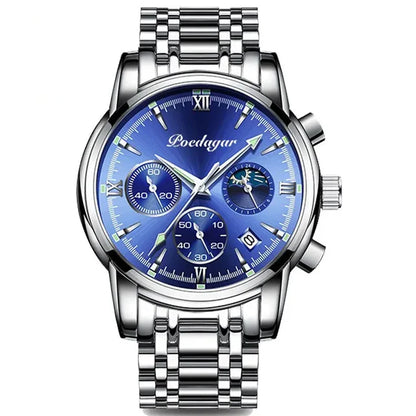 Poedagar 8058 Men's Luxury Quartz Watch – Stainless Steel Band, Waterproof, Luminous, Date