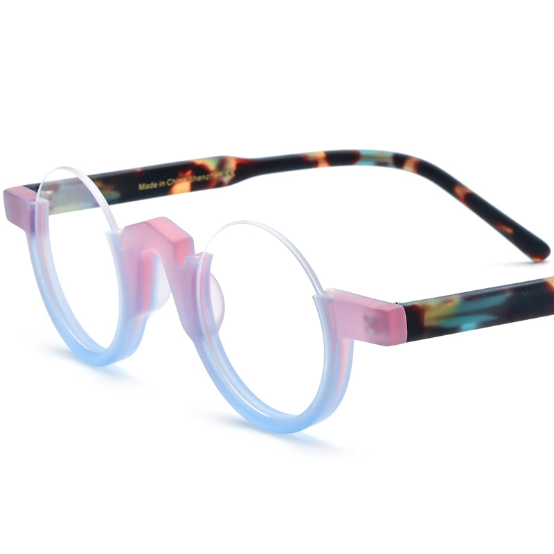 Colour-Block Semi-Rimless Round Acetate Optical Glasses Frame - Pink Blue - MCROONS