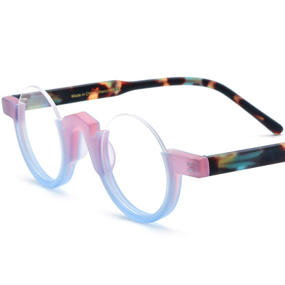 Colour-Block Semi-Rimless Round Acetate Optical Glasses Frame - Pink Blue - MCROONS