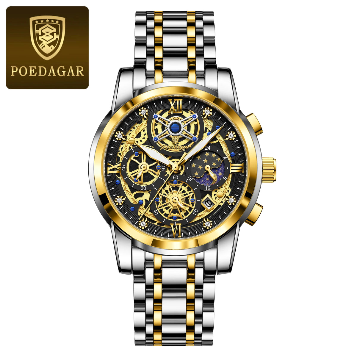 Poedagar 984 Men's Luxury Chronograph Quartz Watch – Stainless Steel Band, Waterproof, Luminous, Date
