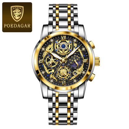 Poedagar 984 Men's Luxury Chronograph Quartz Watch – Stainless Steel Band, Waterproof, Luminous, Date