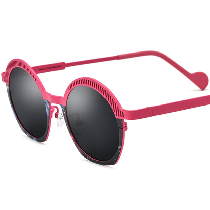 Retro Oval Titanium Polarized Sunglasses UV400 - Pink Gray Lens - MCROONS