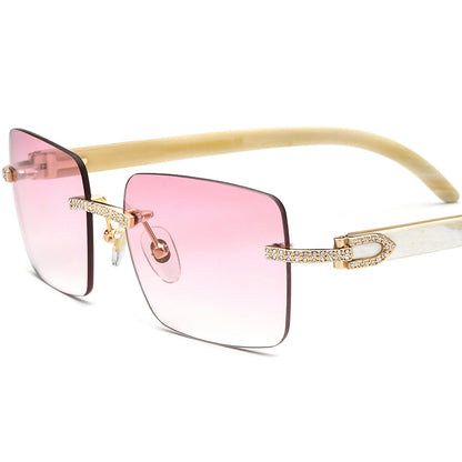 Diamante Rimless Square Sunglasses with Horn-Effect Temple - Pink - MCROONS
