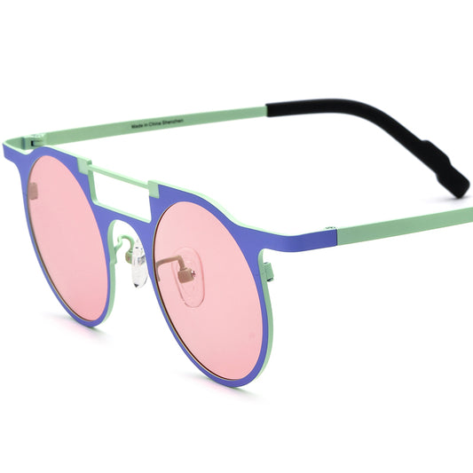 Colourful Titanium Round Polarised Sunglasses Retro - Blue Cyan Pink Lens - MCROONS