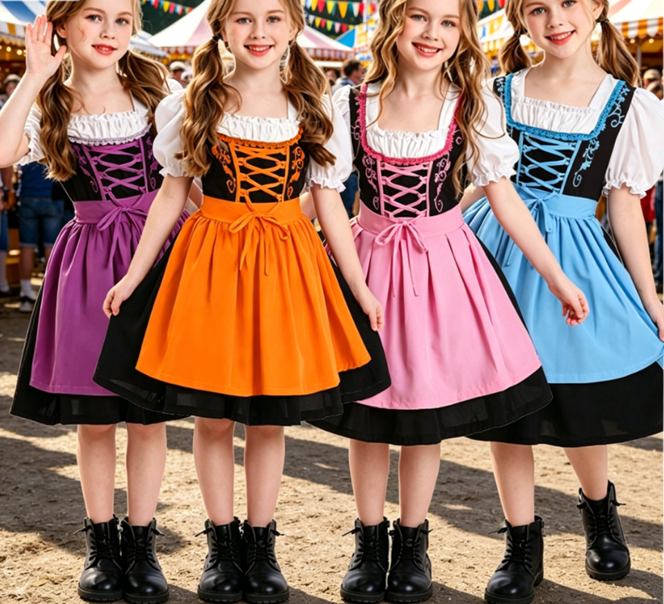 Bavarian Beer Maid Dirndl costume dress by Mcroons featuring traditional embroidery and a fitted bodice, perfect for Oktoberfest celebrations