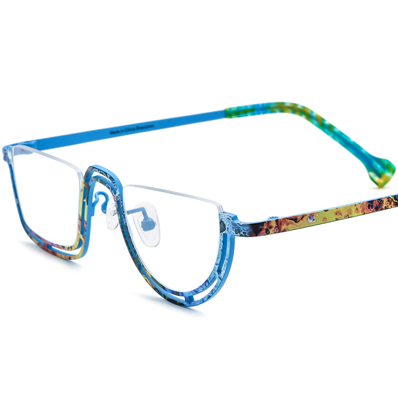 Titanium Semi-Rimless Round Glasses Frame Fashionable - Blue - MCROONS
