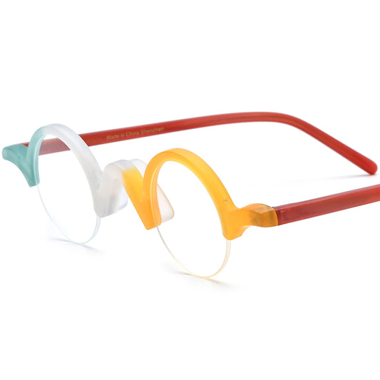 Vintage Small Round Acetate Half-Rim Optical Glasses Frame - White Orange - MCROONS