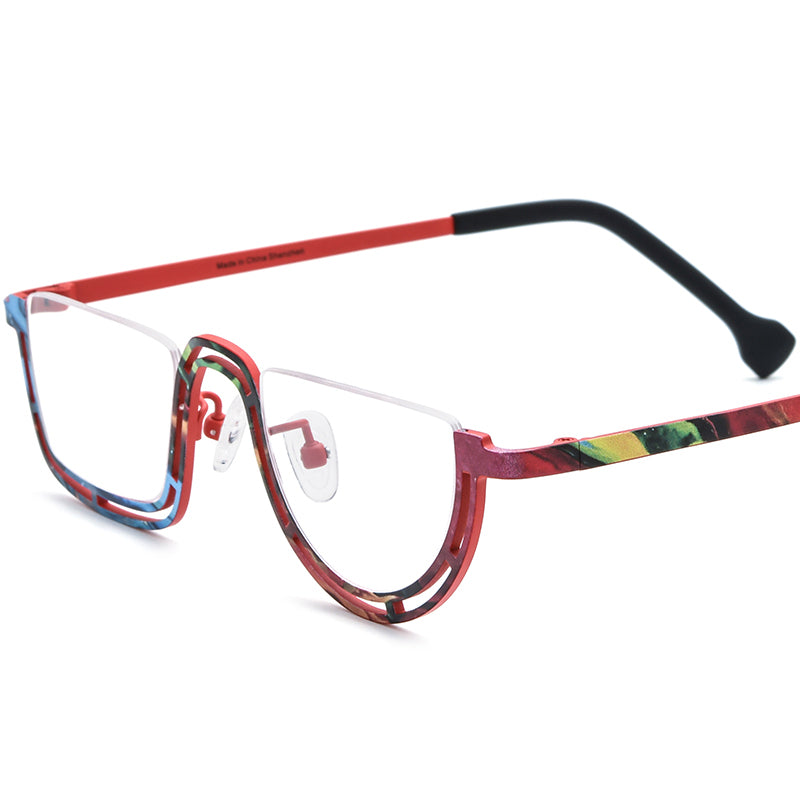 Titanium Semi-Rimless Round Glasses Frame Fashionable - Red - MCROONS
