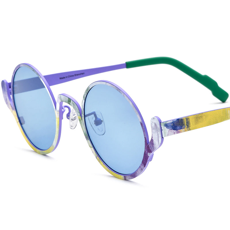 Multicolour Print Titanium Round Polarised Sunglasses - Purple - MCROONS