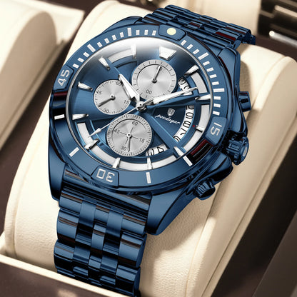 Poedagar 695 Men's Luxury Chronograph Quartz Watch – Stainless Steel Band, Waterproof, Luminous, Date